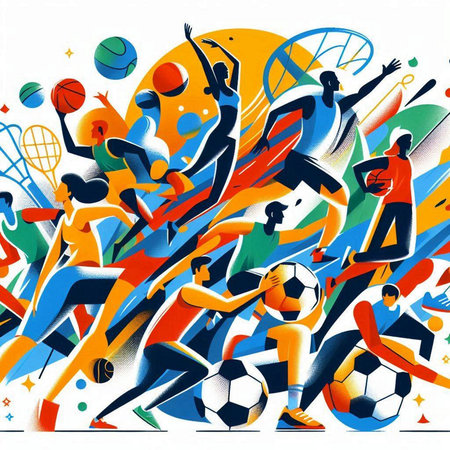 illustration of a group of young people playing basketball, basketball, soccer, football, basketball, basketball, volleyball, tennis, soccer, football, basketball, badmintonのイラスト素材