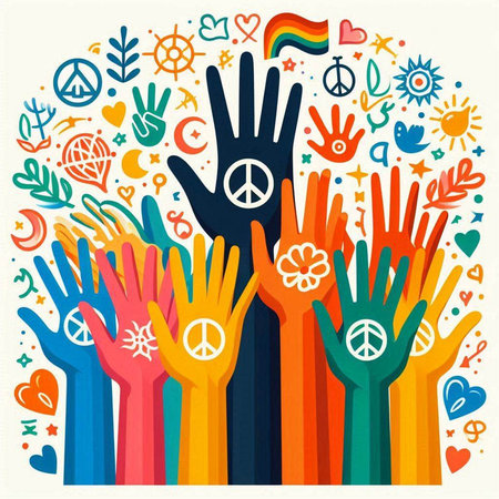 Vector illustration of human hands with symbols of peace, love, equality and diversity.のイラスト素材