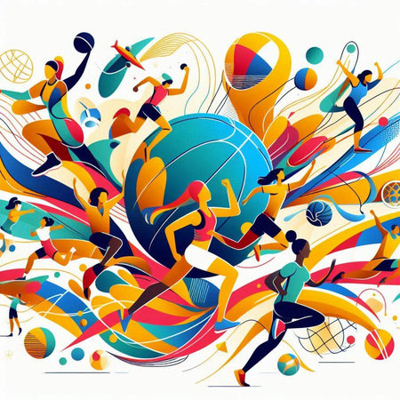 Sport abstract background with people playing soccer, volleyball, basketball, rugby, basketball. Vector illustrationのイラスト素材