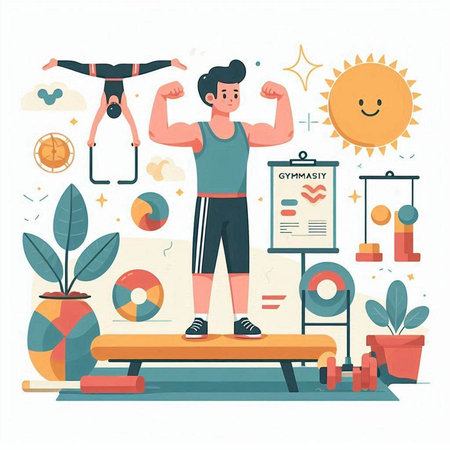 Fitness, healthy lifestyle concept. Young man in sportswear doing exercises at home. Vector illustrationのイラスト素材