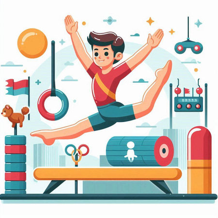 Kid boy jumping on gymnastic trampoline. Vector flat cartoon illustrationのイラスト素材