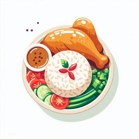 Illustration of rice with chicken, cucumber and tomato on white backgroundのイラスト素材