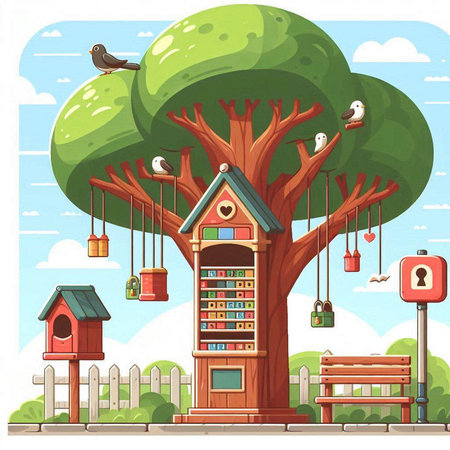 Wooden birdhouse and birds on tree in park. Vector illustrationのイラスト素材