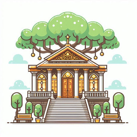 Illustration of a beautiful building in the park. Vector illustration.のイラスト素材