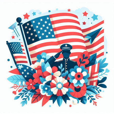 American flag with a soldier in uniform and flowers. Vector illustration.のイラスト素材