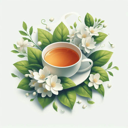 Green tea with jasmine flowers and leaves. Vector illustration.のイラスト素材