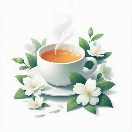 Cup of tea with jasmine flowers on white background.のイラスト素材