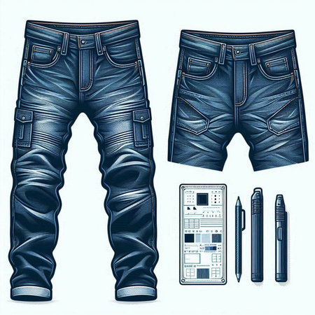 Vector set of blue jeans and accessories. Jeans and pen.のイラスト素材