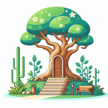 Wooden door with a tree in the garden. Vector illustration.のイラスト素材