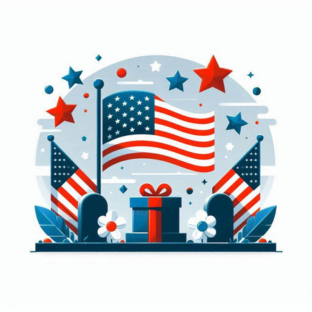 Greeting card with American flag and gifts. Vector illustration.のイラスト素材