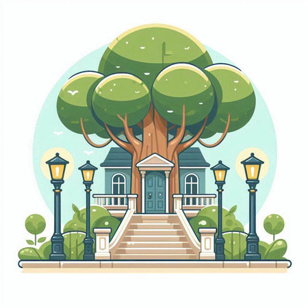 Cartoon vector illustration of beautiful old mansion with stairs and tree.のイラスト素材