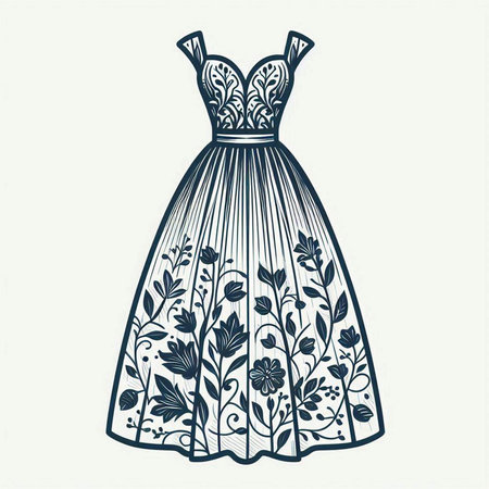 Wedding dress with floral pattern. Hand drawn vector illustration.のイラスト素材