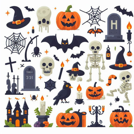 Halloween flat icons set with pumpkin, skull, gravestone, spider web, cemetery and other elements. Vector illustrationのイラスト素材