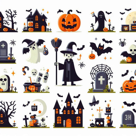 Halloween seamless pattern with cute pumpkins, ghosts, bats, cemetery, candies. Vector illustrationのイラスト素材