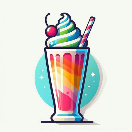 Colorful milkshake with whipped cream, cherry and straws in glass. Vector illustration.のイラスト素材
