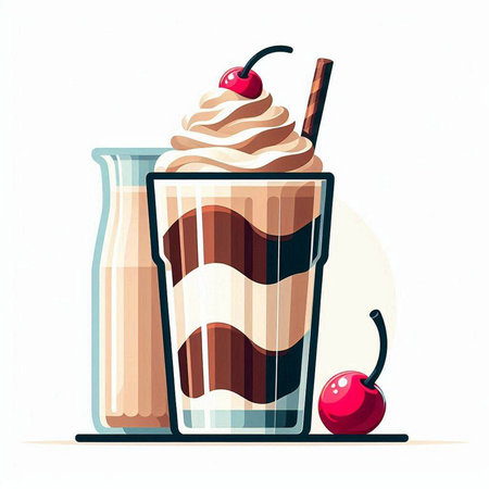 Milkshake with whipped cream, cherry and chocolate. Vector illustration.のイラスト素材