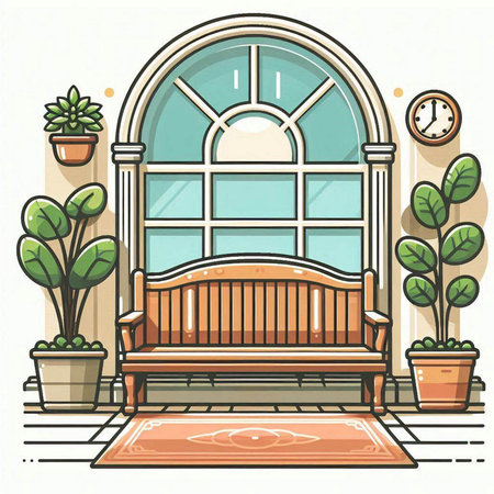 Vector illustration of a cozy room with a sofa, window and plants.のイラスト素材