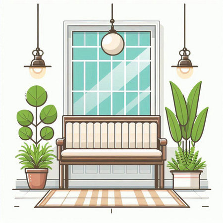 Living room interior with furniture and plants. Vector illustration in flat style.のイラスト素材