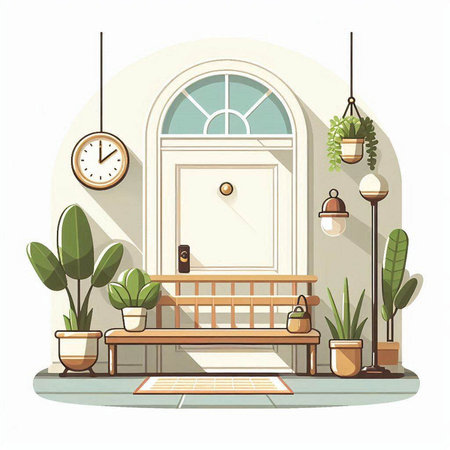 Interior of the room with a bench, plants and lamps. Vector illustrationのイラスト素材