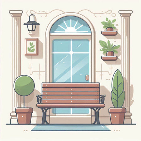 Illustration of a wooden bench in a cozy park with plants.のイラスト素材