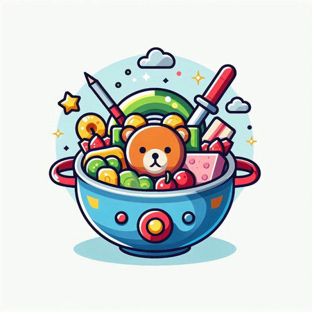 Cute cartoon bear in a pot with food. Vector illustration.のイラスト素材
