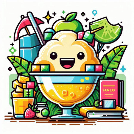 Cute kawaii ice cream character. Vector illustration of a summer dessert.のイラスト素材