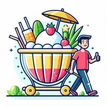Vector illustration of a man with a cart full of healthy food.のイラスト素材