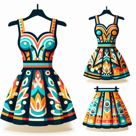 Women's dresses with ethnic ornament. Vector illustration on white background.のイラスト素材