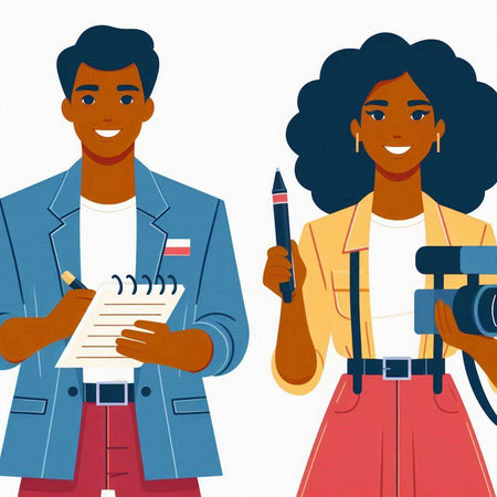 Young african american photographer with camera and notebook. Vector illustrationのイラスト素材