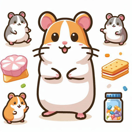 Hamster cartoon with different food on white background. Vector illustration.のイラスト素材