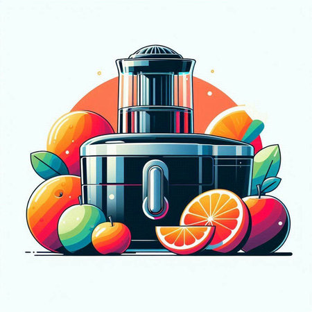 Vector illustration of juicer and fresh fruits. Juicer with oranges and lemons.のイラスト素材