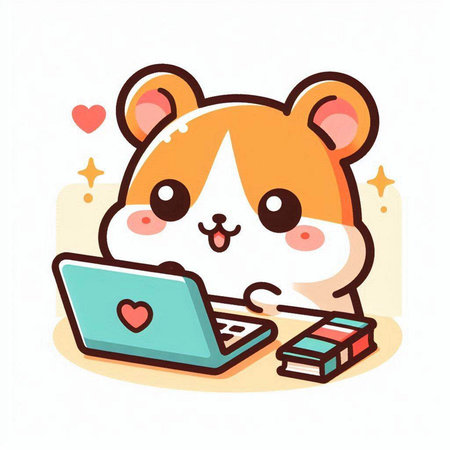 Cute hamster with laptop and books. Vector illustration in cartoon style.のイラスト素材