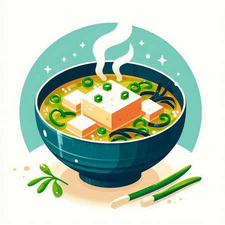 Soup with tofu and vegetables in a bowl. Vector illustration.のイラスト素材