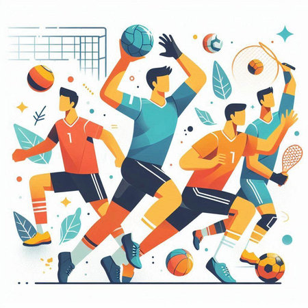 Football, soccer, basketball, badminton players. Vector illustration in flat styleのイラスト素材