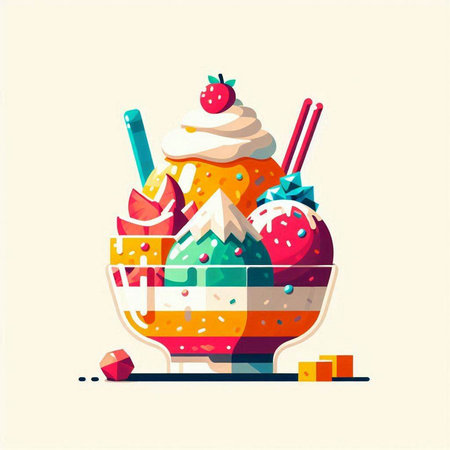 Ice cream in a bowl with fruits and berries. Vector illustration.のイラスト素材