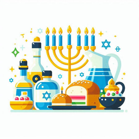 Jewish holiday Hanukkah celebration flat vector illustration. Hanukkah menorah, teapot, shofar, food, wine, donuts, kippah.のイラスト素材