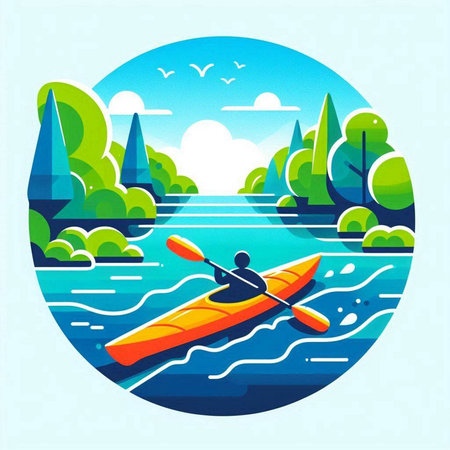 Kayaking on the river. Vector illustration in a flat style.のイラスト素材