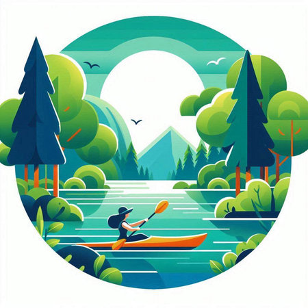 Vector illustration of a girl kayaking on the lake in the forestのイラスト素材