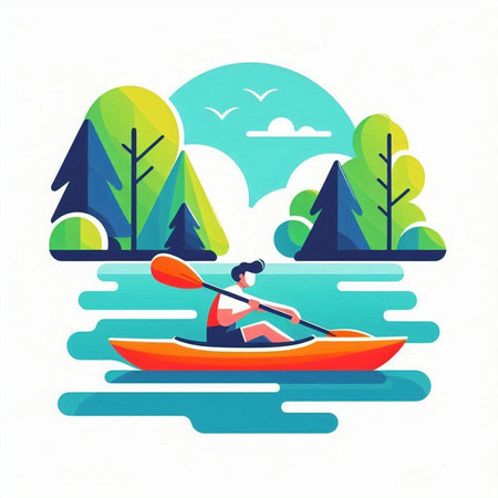 Kayaking in the forest. Flat style vector illustration on white background.のイラスト素材