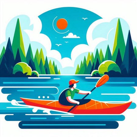 Kayaking on the lake. Vector illustration in a flat style.のイラスト素材