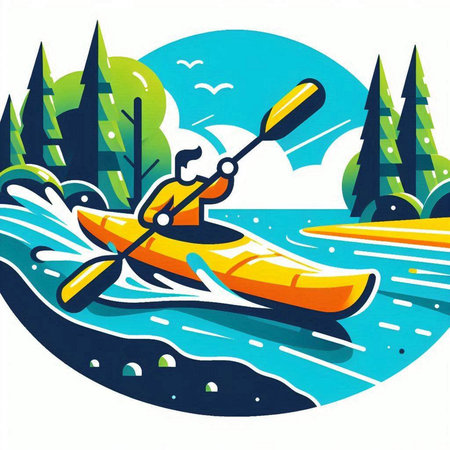 Kayak in the river. Vector illustration. Canoeing.のイラスト素材