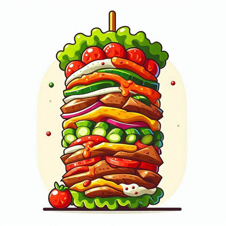 Vector illustration of hamburger with lettuce, tomato, cucumber, cheese and mayonnaise.のイラスト素材