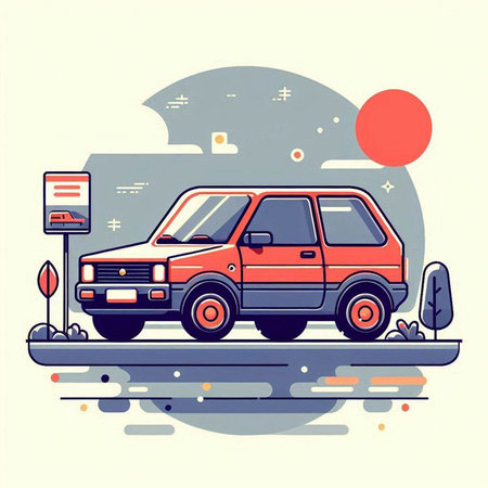 Car on the road at sunset. Vector illustration in flat style.のイラスト素材