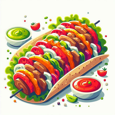 Grilled kebab with vegetables and sauce. Vector illustration.のイラスト素材