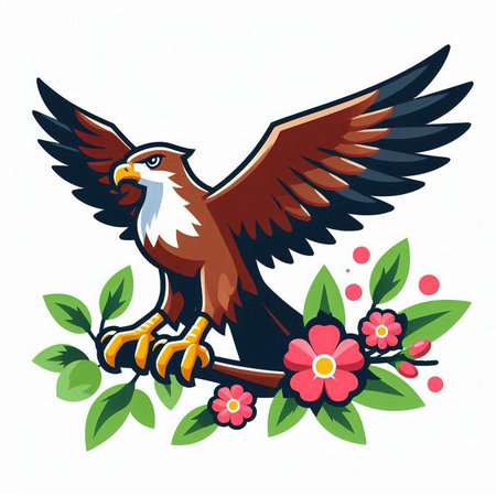 Eagle with flowers and leaves isolated on white background. Vector illustration.のイラスト素材