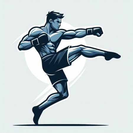 Vector illustration of a kickboxer in action on a white background.のイラスト素材