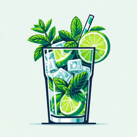 Mojito cocktail with lime, mint and ice. Vector illustration.のイラスト素材
