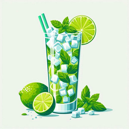 Mojito cocktail with lime, mint and ice cubes. Vector illustration.のイラスト素材