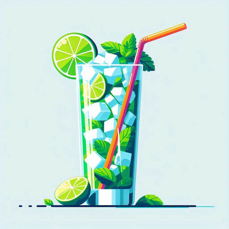 Mojito cocktail with lime, mint and ice. Vector illustration.のイラスト素材