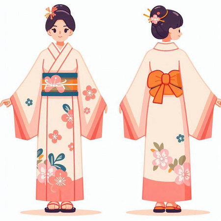 Japanese girl in kimono with a bow. Vector illustration.のイラスト素材